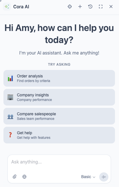 Cora AI greeting with try-asking prompts for orders, companies, salespeople, and help
