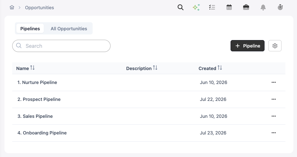 Sales pipelines list for nurture, prospect, sales, and onboarding