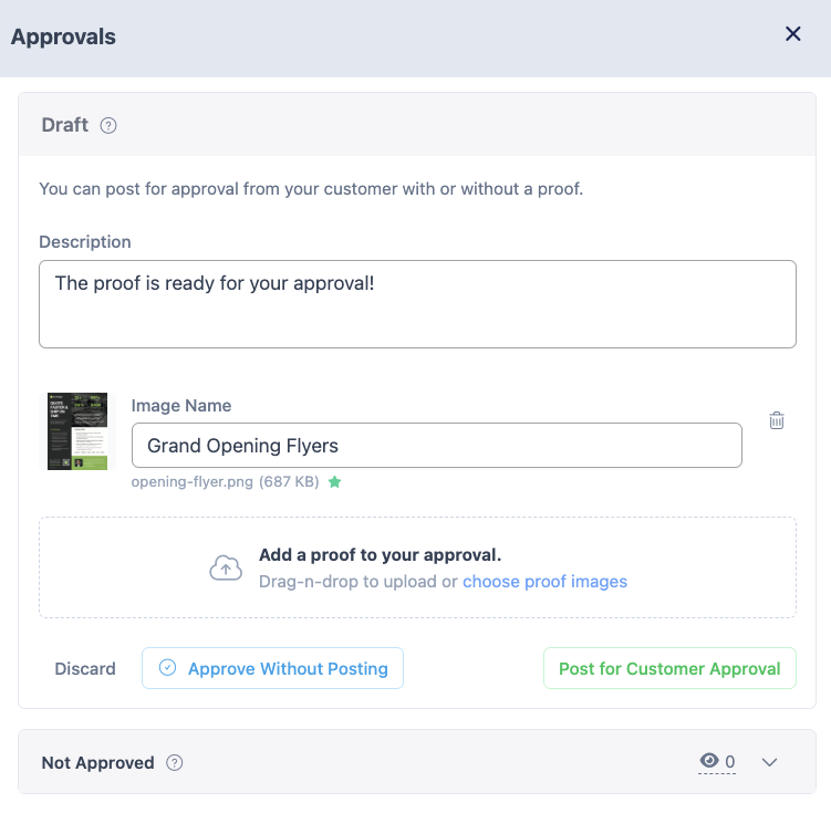 Approvals draft ready to post a proof for customer sign-off