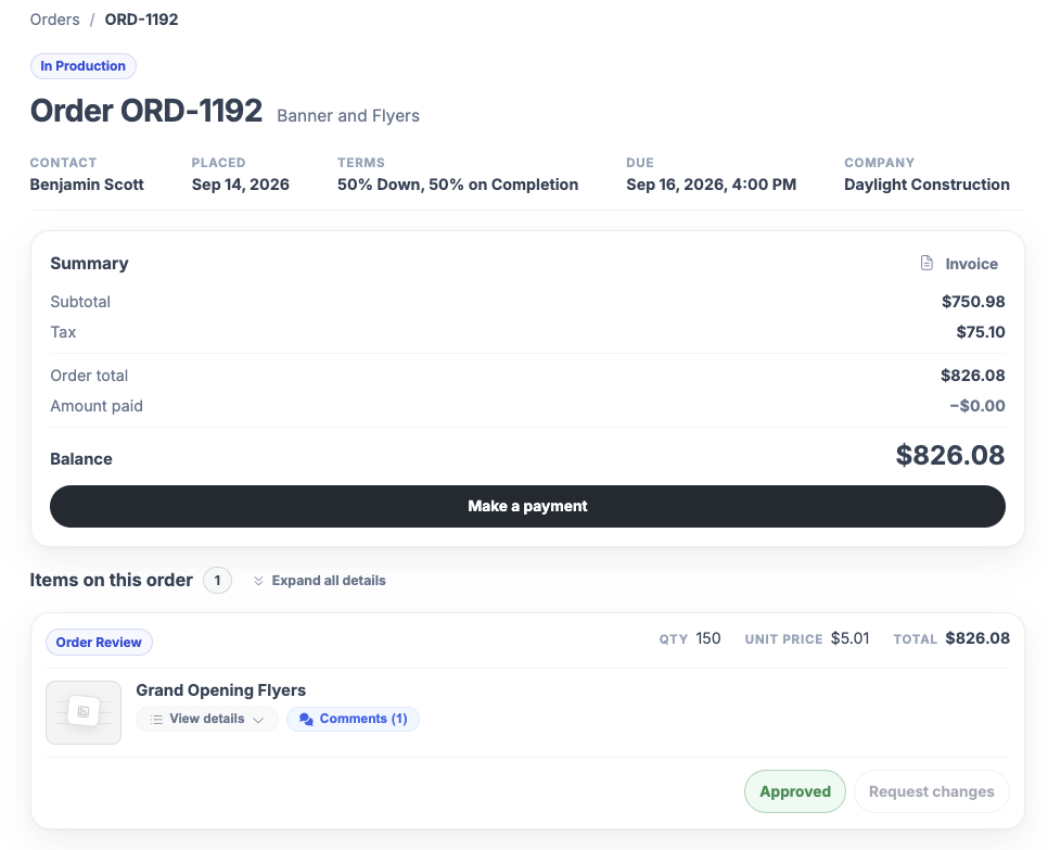 Customer portal order with approve and request-changes actions