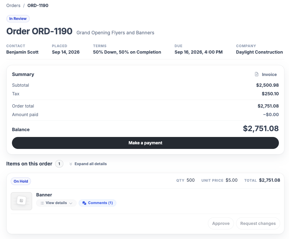 Customer portal with balance due and a make a payment button