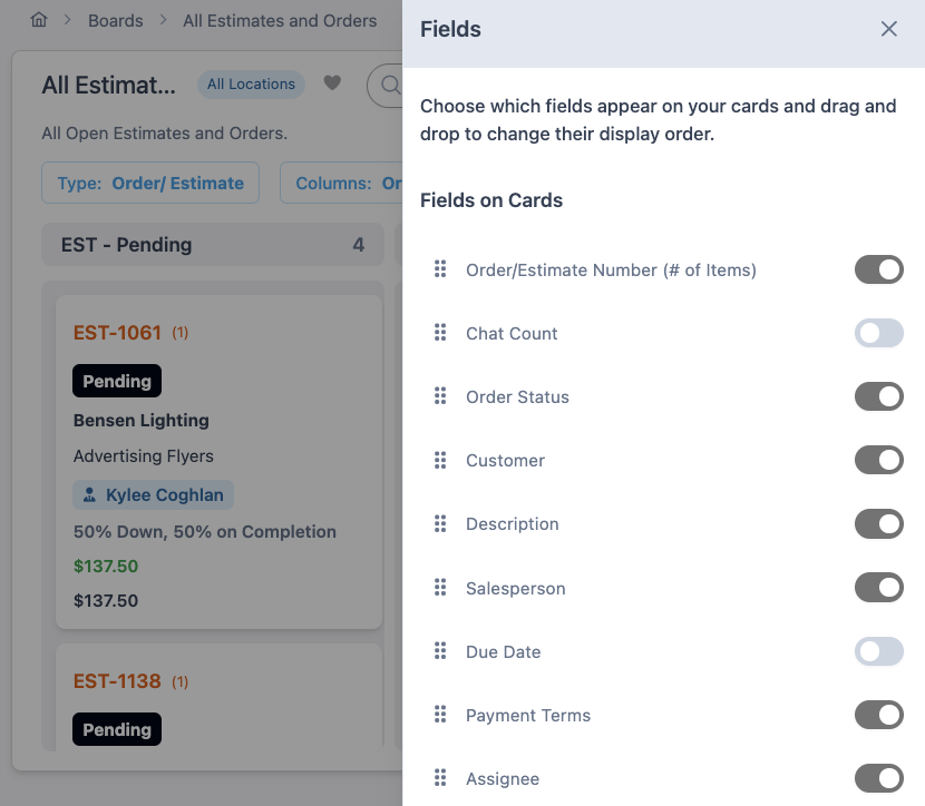 Customize which fields appear on production board cards