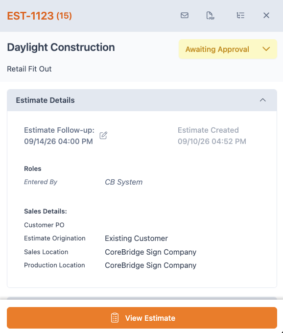 Estimate card showing status, follow-up, and sales details